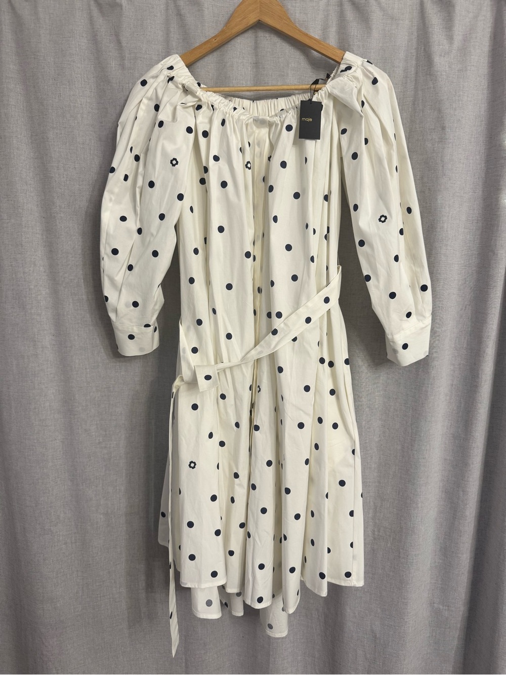 Maje White Off-Shoulder Polka Dot Tie-Waist Dress - Picture 4 of 7